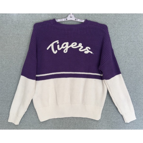 NEW Erin Andrews Wear LSU Tigers Cable Knit Sweater Womens Large Purple White - Picture 2 of 11